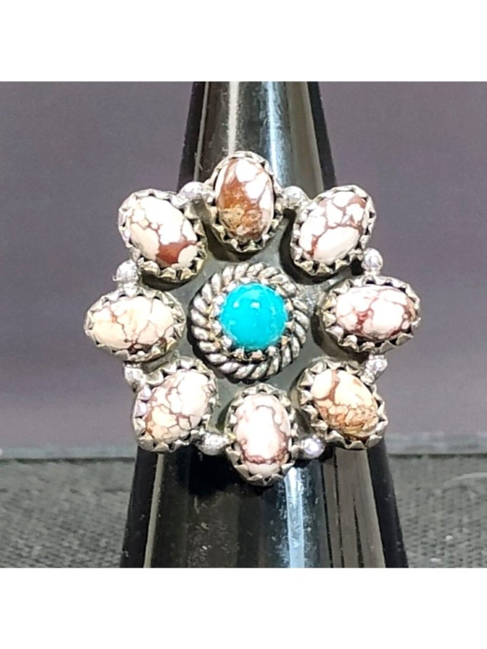 Sterling Silver Wild Horse Jasper & Turquoise Flower Cluster Ring Adjustable